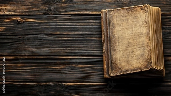 Fototapeta An old, dark book rests on a dark wooden table against a shadowy background.