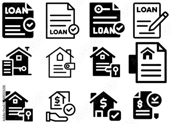Fototapeta Loan Approval & Mortgage Icon Set – Real Estate Finance Vector:
A set of icons representing loan approvals and mortgages, perfect for banking, real estate, and financial agreement designs.