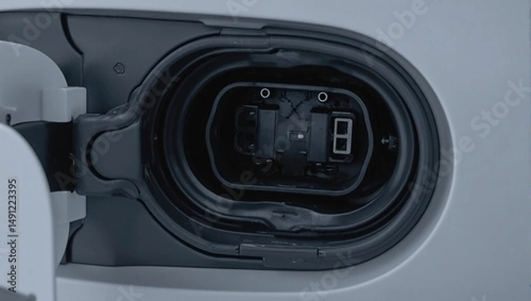 Fototapeta High resolution image of electric car charging port showcasing rubber gaskets and connectors with precision engineering