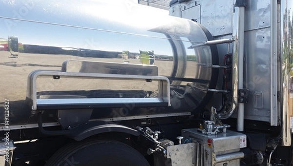 Obraz Close up of a shiny semi truck side fuel tank with a mounted step platform reflecting light to showcase industrial transportation details