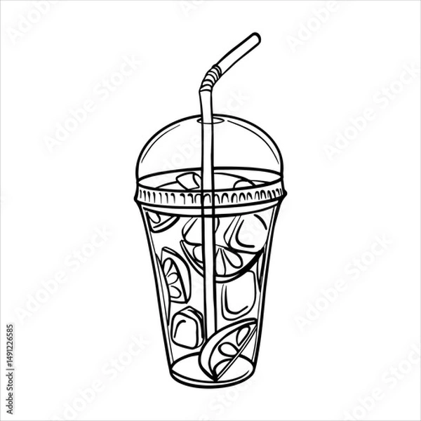 Obraz Cold lemonade sketch. Plastic glass of cold lemonade with ice and lemon slices. Cold drink to go outline drawing painted by black inks. Mojito cocktail hand drawn vector Outline line illustration