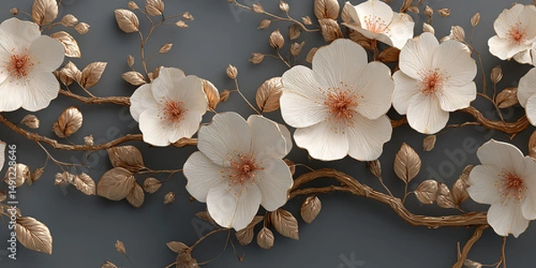 Fototapeta Creamy white flowers with gold leaves on a gray background, showcasing elegance and sophistication, ideal for luxurious design or decor