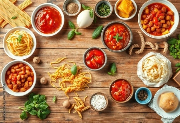 Obraz Wooden table, pasta, sauces, garnishes, rustic, inviting, atmosphere, DIY, pasta-making, ingredients, spread, wooden, table, rustic, inviting, atmosphere, DIY, pasta-making, ingredients, spread