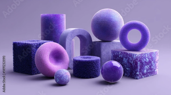 Fototapeta 3d abstract geometric fur fluffy shape render icon set. Furry ball, cylinder, ring, cube block with hair texture. Isolated purple fuzzy objects, soft children toys for education games. 3D Illustration