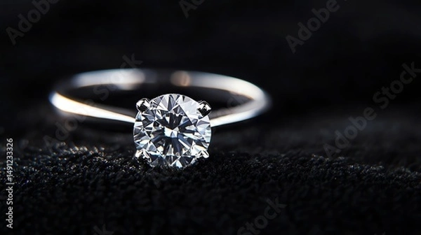 Fototapeta A gleaming diamond ring rests on a luxurious black velvet background.