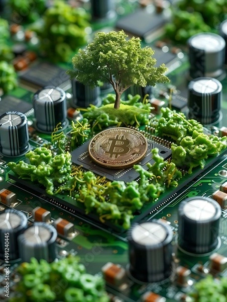 Fototapeta Circuit board with tree and coin, sustainable tech
