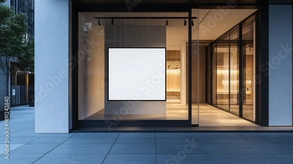 Fototapeta Modern Store Front with Blank Signage at Night, Mockup