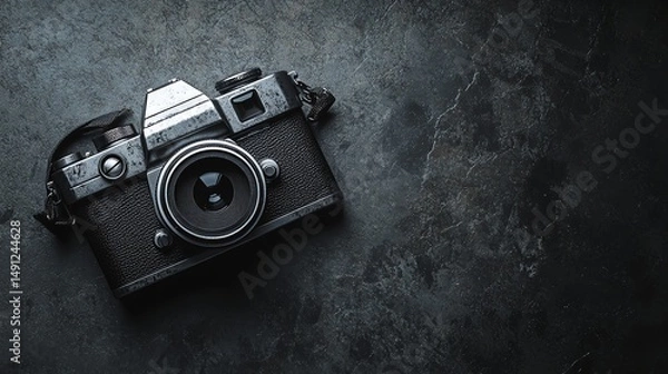 Fototapeta A vintage camera sits prominently on a dark, textured background.