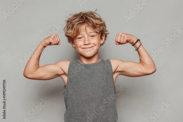 Obraz Boy flexing muscles and smiling proudly, strong kid, white background