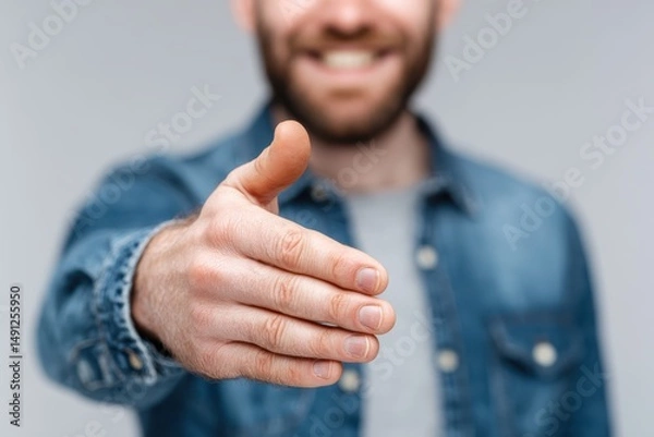 Obraz Male professional shaking hands, welcoming gesture, white background