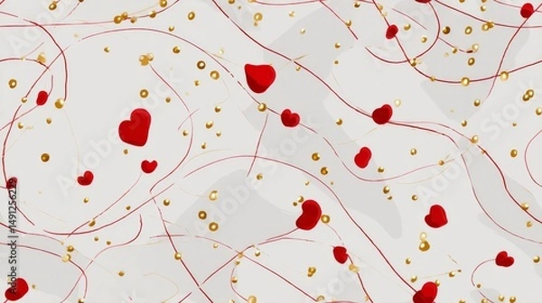 Fototapeta Seamless Minimalist Valentine Pattern with Red Lines and Gold Sparkles