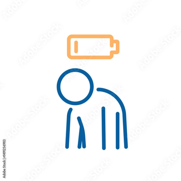 Fototapeta Mental fatigue icon. Vector thin line illustration with editable stroke showing burnout, exhaustion, energy depletion and chronic tiredness. Tired person with low battery