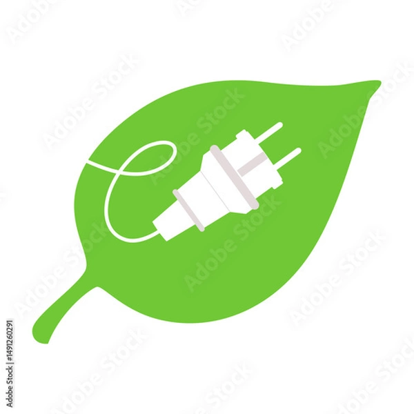 Obraz Electrical plug symbol with curved cord in shape of letter E on green leaf background. Vector illustration of icon for print of clean energy, renewable power, and environmental technology concepts.