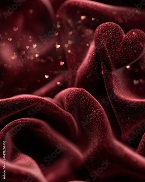 Fototapeta Seamless Deep Red Velvet Texture with Heart Sparkles – Romantic Background


