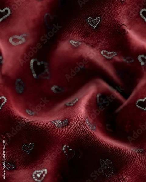 Fototapeta Seamless Deep Red Velvet Texture with Heart Sparkles – Romantic Background


