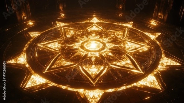 Fototapeta Glowing Golden Star Pattern on Dark Floor in Mystical Setting