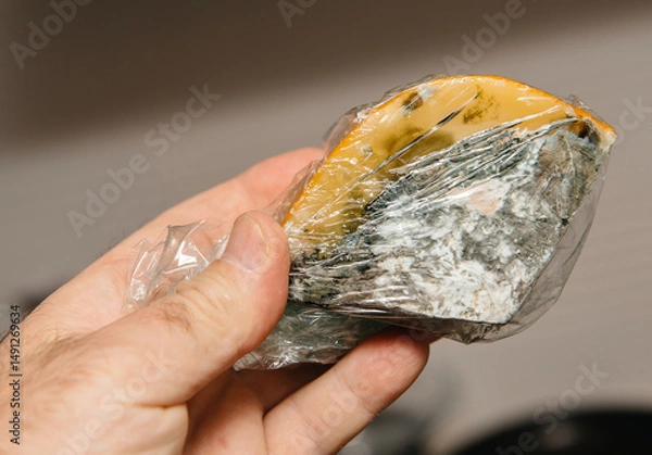 Fototapeta A hand holds a piece of moldy cheese wrapped in plastic film, showing visible green and white mold growth on the surface, indicating spoilage and waste