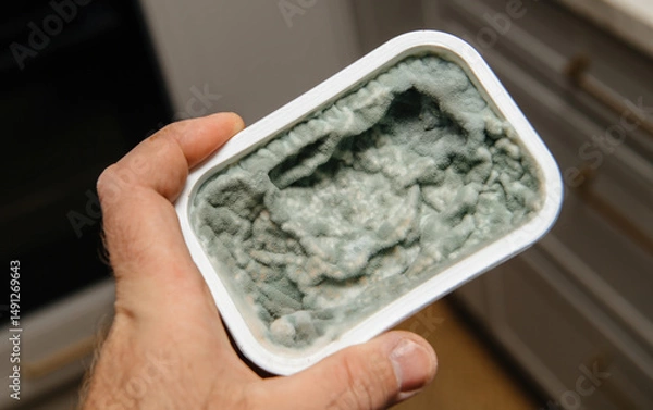 Fototapeta A hand holds an opened container of heavily molded spreadable cheese originally meant for bread, now covered in thick blue-green mold indicating it is spoiled and unsafe