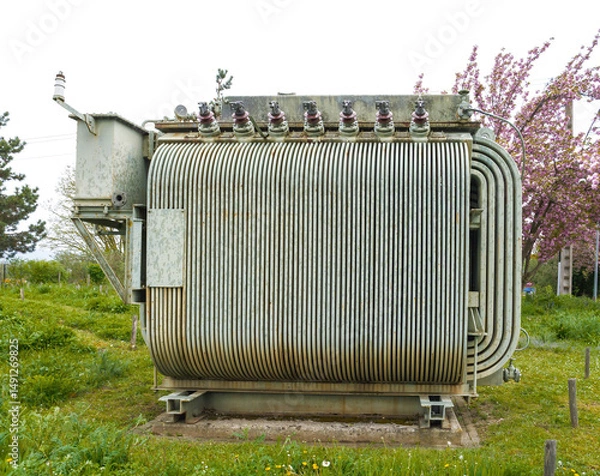 Fototapeta Large outdoor electrical transformer with ribbed cooling fins and high-voltage insulators stands on a concrete base in a grassy field surrounded by flowering trees and utility poles.
