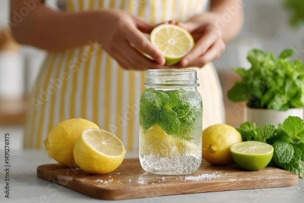 Obraz Woman preparing detox water with lemon and mint, healthy hydration, white background