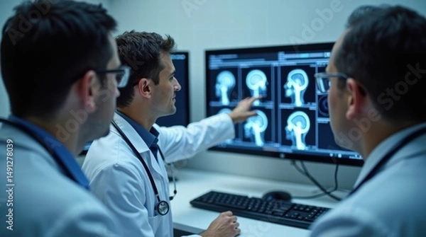 Fototapeta Doctors analyzing brain scans on monitors in modern medical facility
