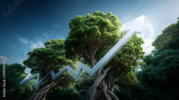 Fototapeta Economic graph chart and eco or ecological development concept as a group of trees coming together in the shape of an arrow pointing upwards as a success metaphor for profits and growth.
