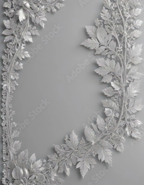 Fototapeta Silver leaf lace border, intricate design on soft backdrop, artwork, leaves, delicate