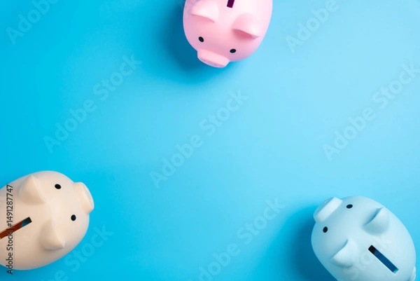 Obraz The piggy banks look with interest at the center of the copy space. Attracting investors. Diversification of savings. Attracting attention to financial opportunities. Wealth building