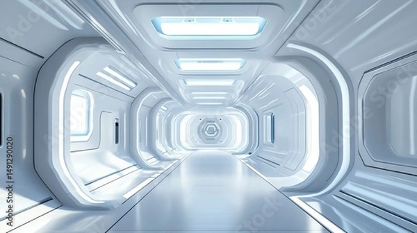 Obraz Futuristic white corridor with glowing lights and reflective floor.