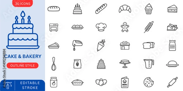 Obraz Bakery icons for cakes, bread, cookies, desserts, pastry, sweets.