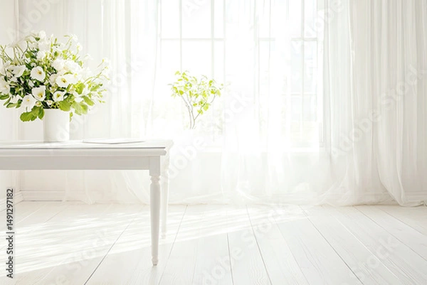 Fototapeta White flowers in vase on table in bright room with natural light and white curtains isolated on white background for a clean and modern aesthetic home decor design