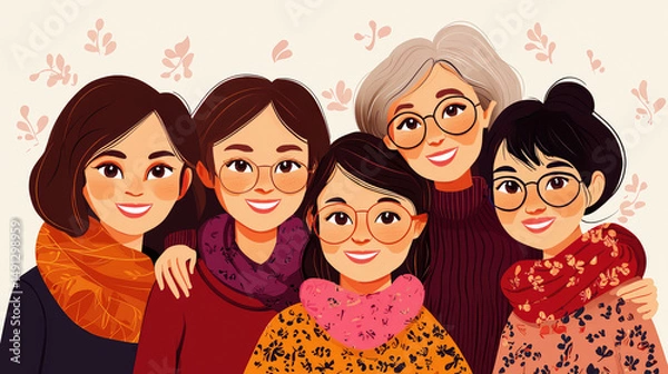Fototapeta Illustration of five smiling women with glasses embracing each other in a group family portrait with a light beige background and floral leaf pattern design.