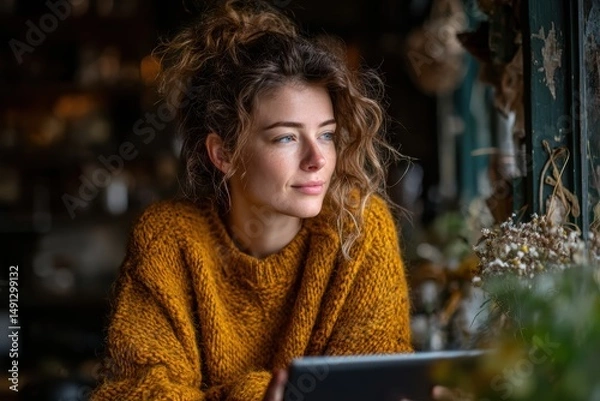 Obraz Woman working on tablet in cozy urban coffee shop, digital nomad lifestyle, white background