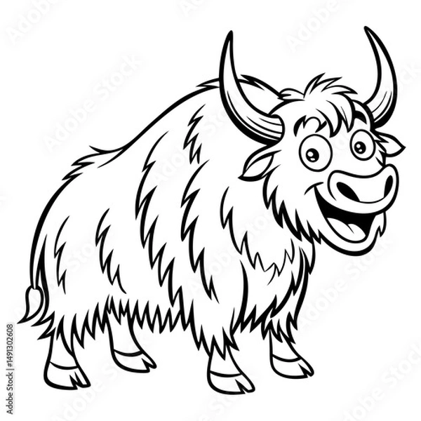 Fototapeta A robust yak, with its shaggy coat and imposing horns, stands proudly, its animated expression adding a touch of joy and character, illustrated with clear, bold lines. coloring page