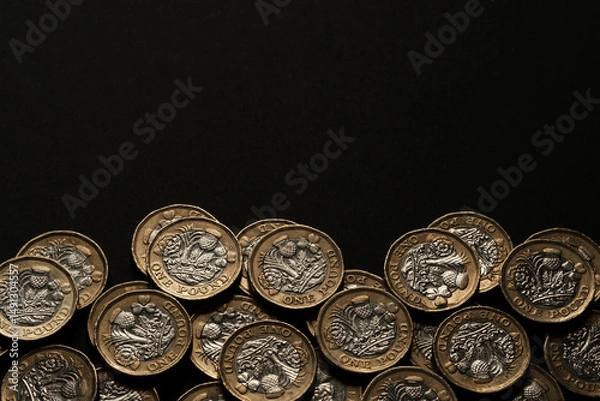 Obraz Scattered British one pound coins along the lower edge of a black background, representing savings, earnings, and UK currency, Stafford, United Kingdom, May 18, 2025..