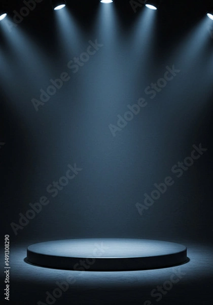 Obraz Black round product display podium illuminated by dramatic blue spotlights on dark background. Empty stage for modern futuristic presentation or showcase scene.
