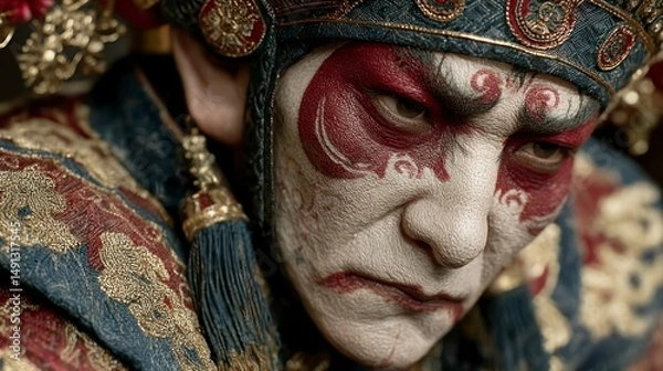 Fototapeta Traditional Warrior with Intricate Face Paint and Ornate Headdress