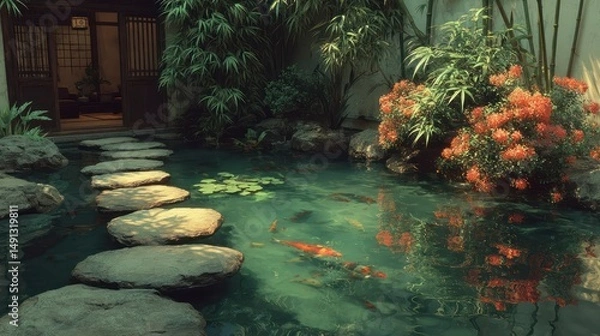 Fototapeta Tranquil Koi Pond with Stepping Stones and Lush Greenery Serene Garden Scene for Relaxation an