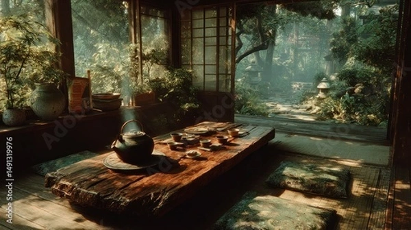 Fototapeta Tranquil Tea Ceremony in a Serene Garden Setting with Sunlit Interior and Outdoor Pathway
