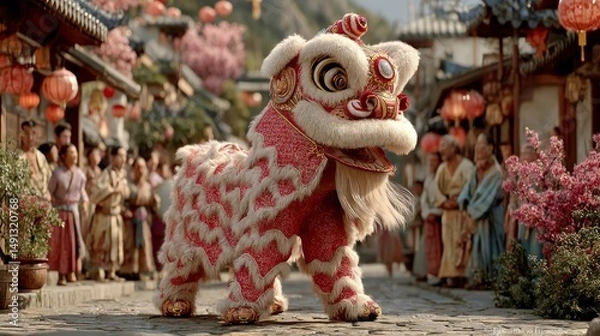 Fototapeta Vibrant Lion Dance Performance in Traditional Setting