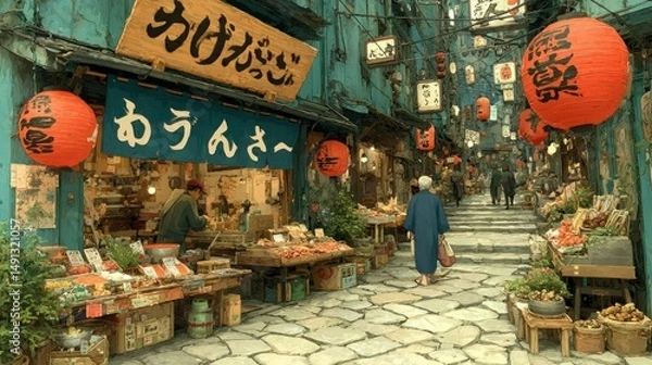 Fototapeta Vibrant Market Scene with Traditional Lanterns and Colorful Stalls