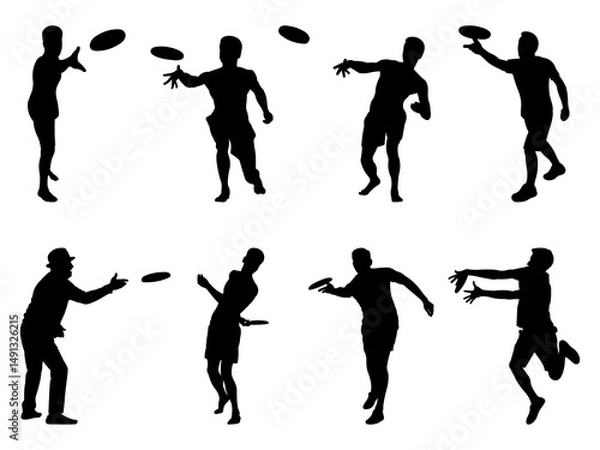 Fototapeta Set of Disc Golf Players Silhouette in various poses isolated on white background
