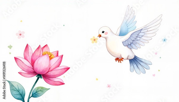 Fototapeta Colorful lotus flower and soaring dove with flower in mouth  