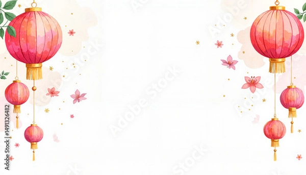 Fototapeta Red lanterns with cherry blossoms in watercolor style for decoration  