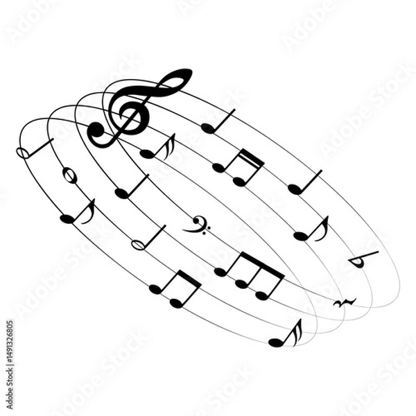 Fototapeta Music notes on rounded shape, black musical element, vector illustration.