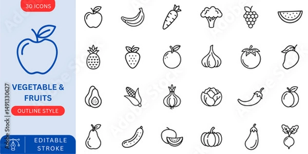 Obraz Healthy fruits and vegetables line icons for food, diet, and wellness.