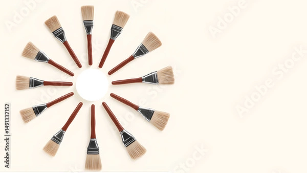 Fototapeta PaInt brushes on neutral beige background with space for text. 