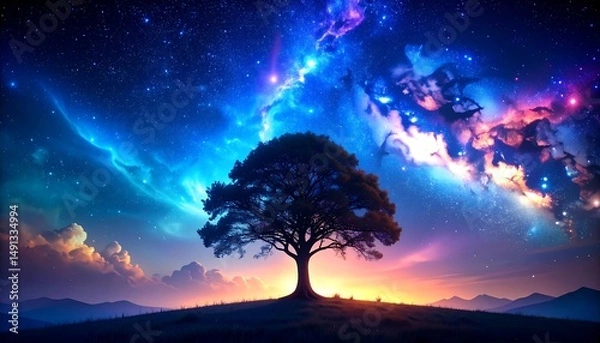 Fototapeta Lonely Tree with Cosmic Night Sky.
