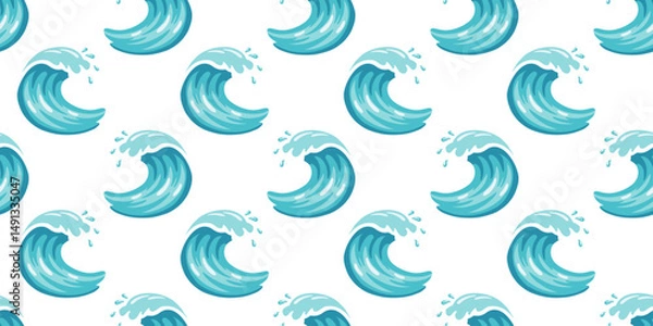 Fototapeta Seamless pattern with cartoon ocean waves on white background. Light summer design for wrapping, textiles and beach products