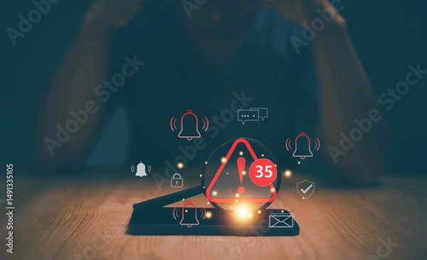 Fototapeta Cyber security, Magnifying glass with caution warning sign and number of notification error maintenance and virus detected on smartphone, Ransomware, Hacker attacks. Detection dangerous worms.